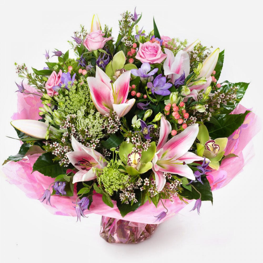 Luxury pink bouquet of fresh flowers, the perfect gift for a first anniversary, available with same day UK delivery by a local florist